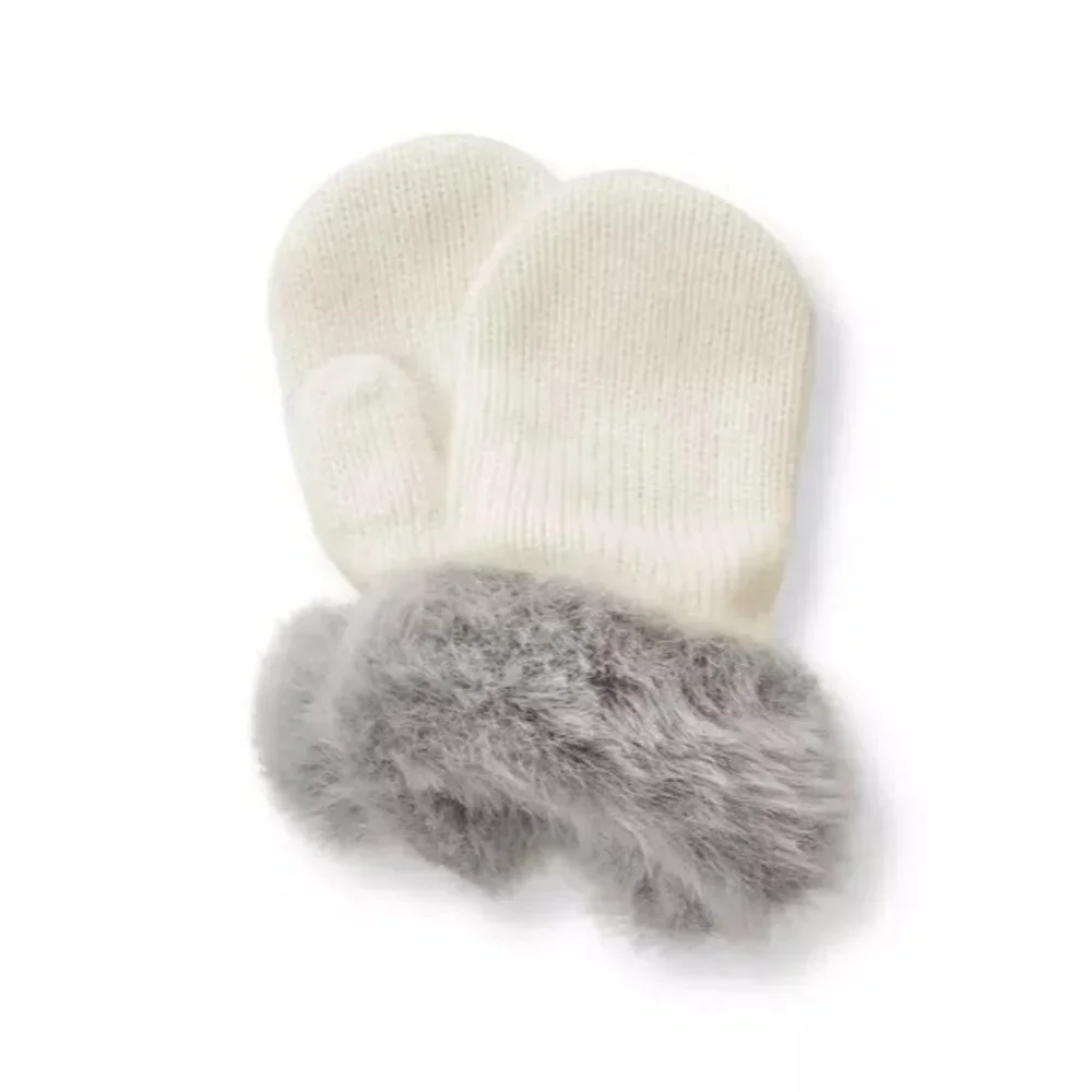 Janie and Jack Baby Girls‎ Size 6-12 Months Faux Fur Trim Mittens in Ivory $24